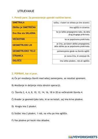 Utrjevanje geometrija in poštevanka