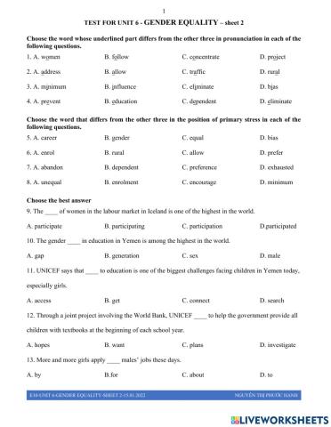 E10-unit 6-gender equality - sheet 2