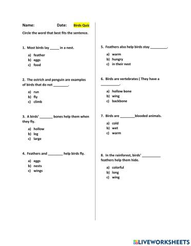 Birds multiple choice