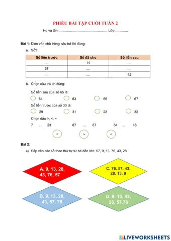 PHIẾU BÀI TẬP CUỐI TUẦN TOÁN LỚP 2 - TUẦN 2