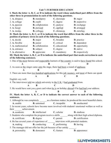 Unit 7- Futher education- Practice Test