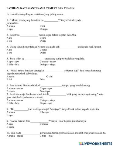 Latihan Kata Ganti Nama Tempat dan Tunjuk