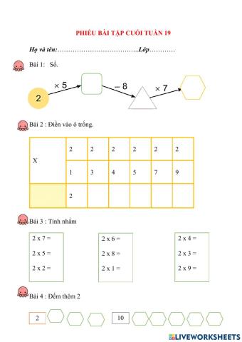 PHIẾU BÀI TẬP CUỐI TUẦN TOÁN LỚP 2 - TUẦN 19