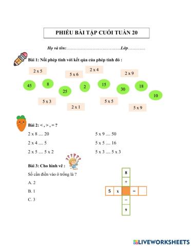 PHIẾU BÀI TẬP CUỐI TUẦN TOÁN LỚP 2 - TUẦN 20