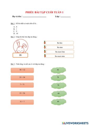 PHIẾU BÀI TẬP CUỐI TUẦN TOÁN LỚP 2 - TUẦN 1