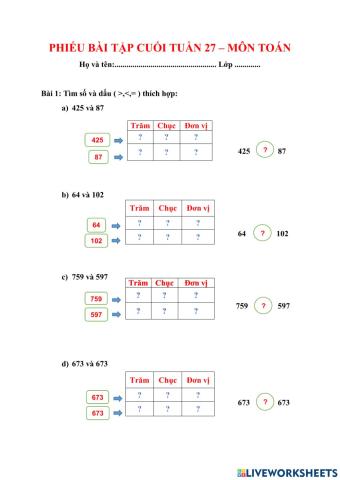 PHIẾU BÀI TẬP CUỐI TUẦN TOÁN LỚP 2 - TUẦN 27