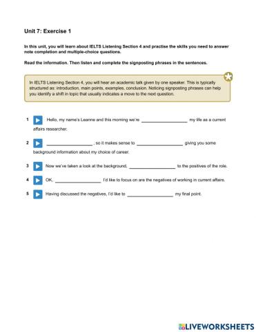 Mindset 3 - Listening Skills Modules - Unit 7 Ex1