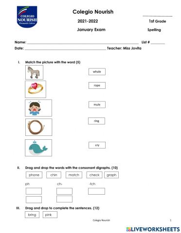 Phonics ph, ch, wh, tch, long o, u, e, y, ng, nk, and contractions