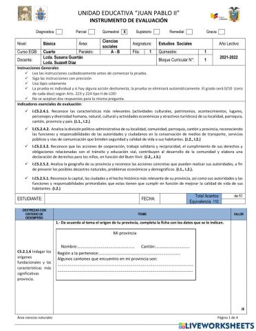 EVALUACIÓN QUIMESTRAL DE ESTUDIOS SOCIALES