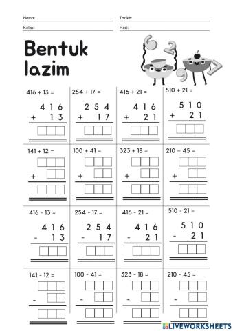 Latihan operasi bentuk lazim tambah, tolak dan darab