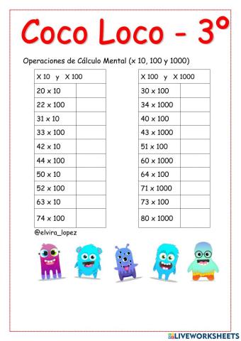 Cálculo mental, por 10, 100 y 1000