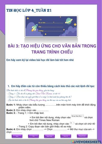 Tin học lớp 4-Tuần 21-Bài 3: Tạo hiệu ứng cho văn bản trong trang trình chiếu