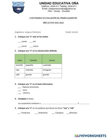 Examen Quimestral Lengua y Literatura