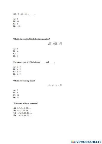 Unit Test Preparation (Powers, Roots, Sequence, Decimals)