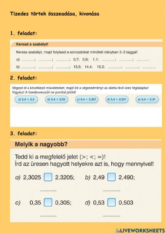 Tizedes törtek összeadása, kivonása