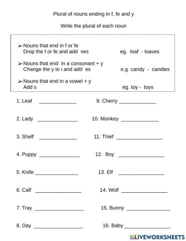 Plural nouns ending in f, fe and y