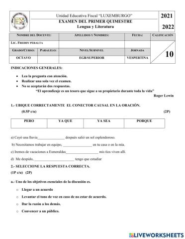 Evaluación octavo prim quim lengua