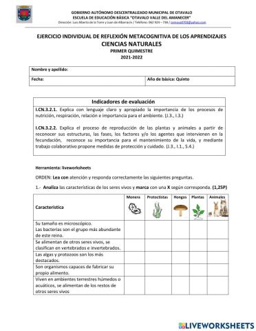 Evaluación quimestral - ciencias naturales