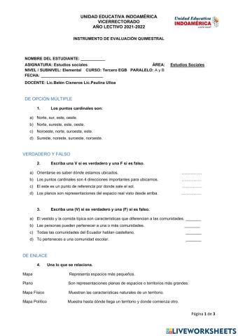 Evaluación de estudios sociales 3er año