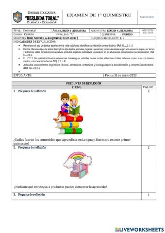 Evaluación primer quimestre lengua y literatura