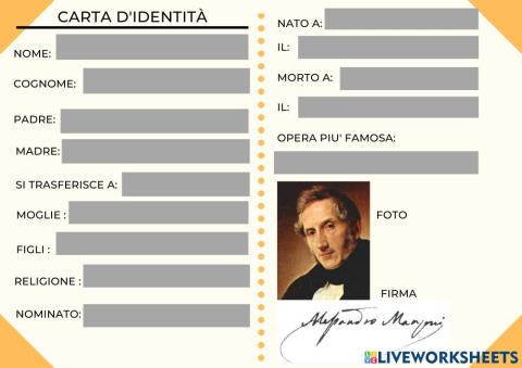 Carta d'identita' di alessandro manzoni