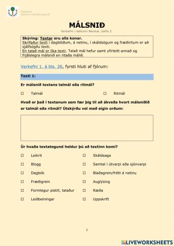 Málsnið - Verkefni í Kveikjum 2. kafli verkefni 1-1