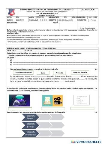 Examen quimestral segundos bgu