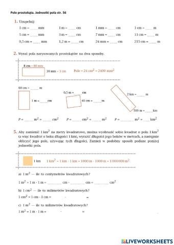 Ćwiczenia Pole prostokąta. Jednostki pola str. 56 57 klasa 7