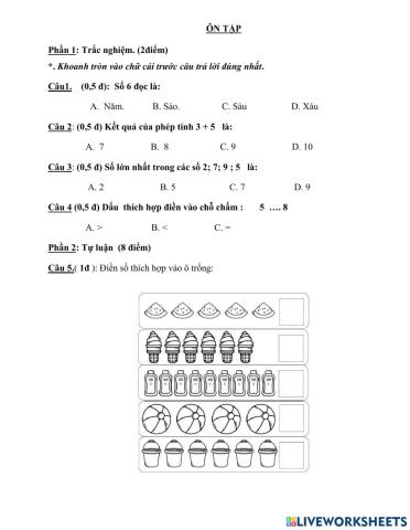 Ôn tập Toán Lớp 1 HKI