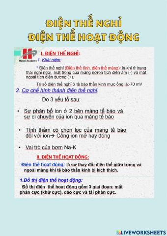 Sinh 11 - Điện thế nghỉ & Điện thế hoạt động