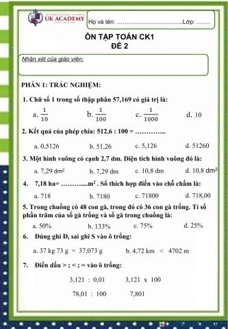 Toán 5 - Ôn tập cuối kì 1