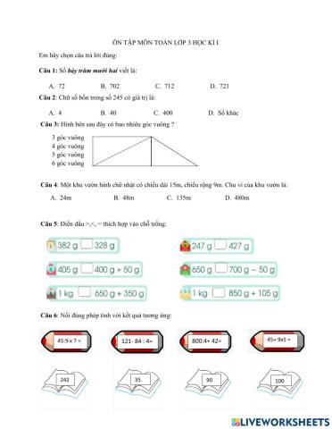 Ôn tập Toán Lớp 3 Cuối học kì I