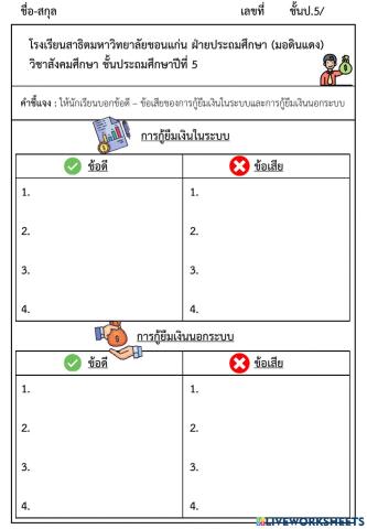 ใบงาน การกู้ยืมเงิน ป.5