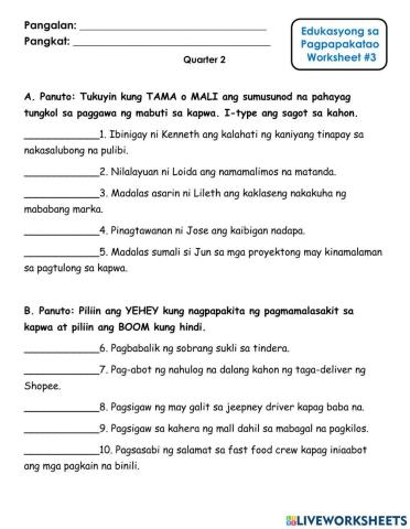 ESP Worksheet -5 - Mabuting Ugali