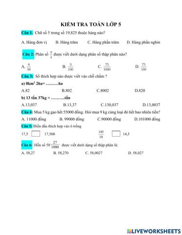 Ôn toán lớp 5 CK1