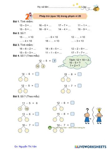 Phép trừ( qua 10) trong PV 20