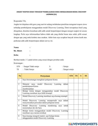 Angket respon siswa terhadap pembelajaran kimia  menggunakan model discovery laerning