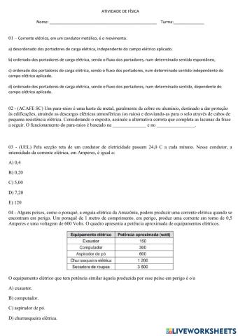 Corrente elétrica - energia e potência elétrica