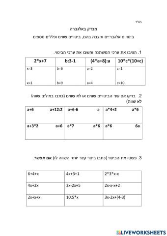 מבדק ביטויים אלגבריים מאת המורה יהודית