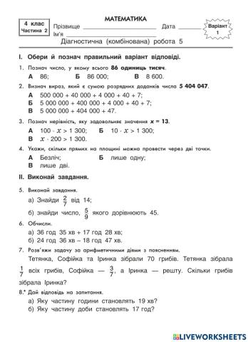 Діагностична робота з математики № 5