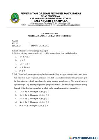 Uji Kompetensi Pertidaksamaan Linear Dua Variabel
