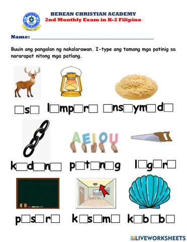 Kindergarten FILIPINO Oct. Monthly Exam