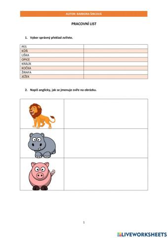 Pracovní list (Animals)