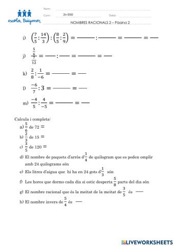 Exercicis Nombre racionals 2 - pàgina 2B