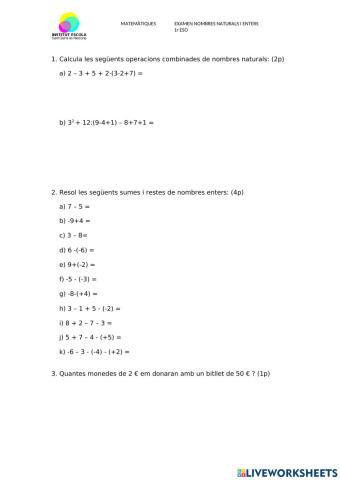 Examen de nombres naturals i enters