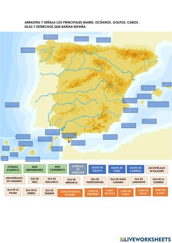 Mapa físico españa (costa, mares y océanos)