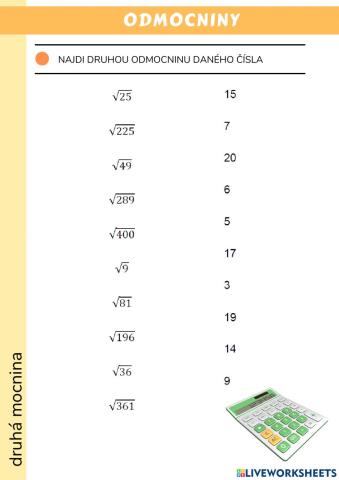 Druhá odmocnina (1-20)