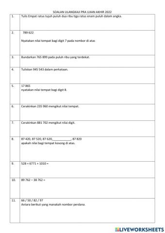 Ulangkaji matematik tahun 6