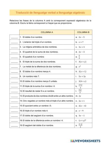 Traducció de llenguatge verbal a llenguatge algebraic