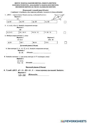 Вектор. Модуль вектора. Координати вектора.Множення вектора на число. Колінеарні вектори.